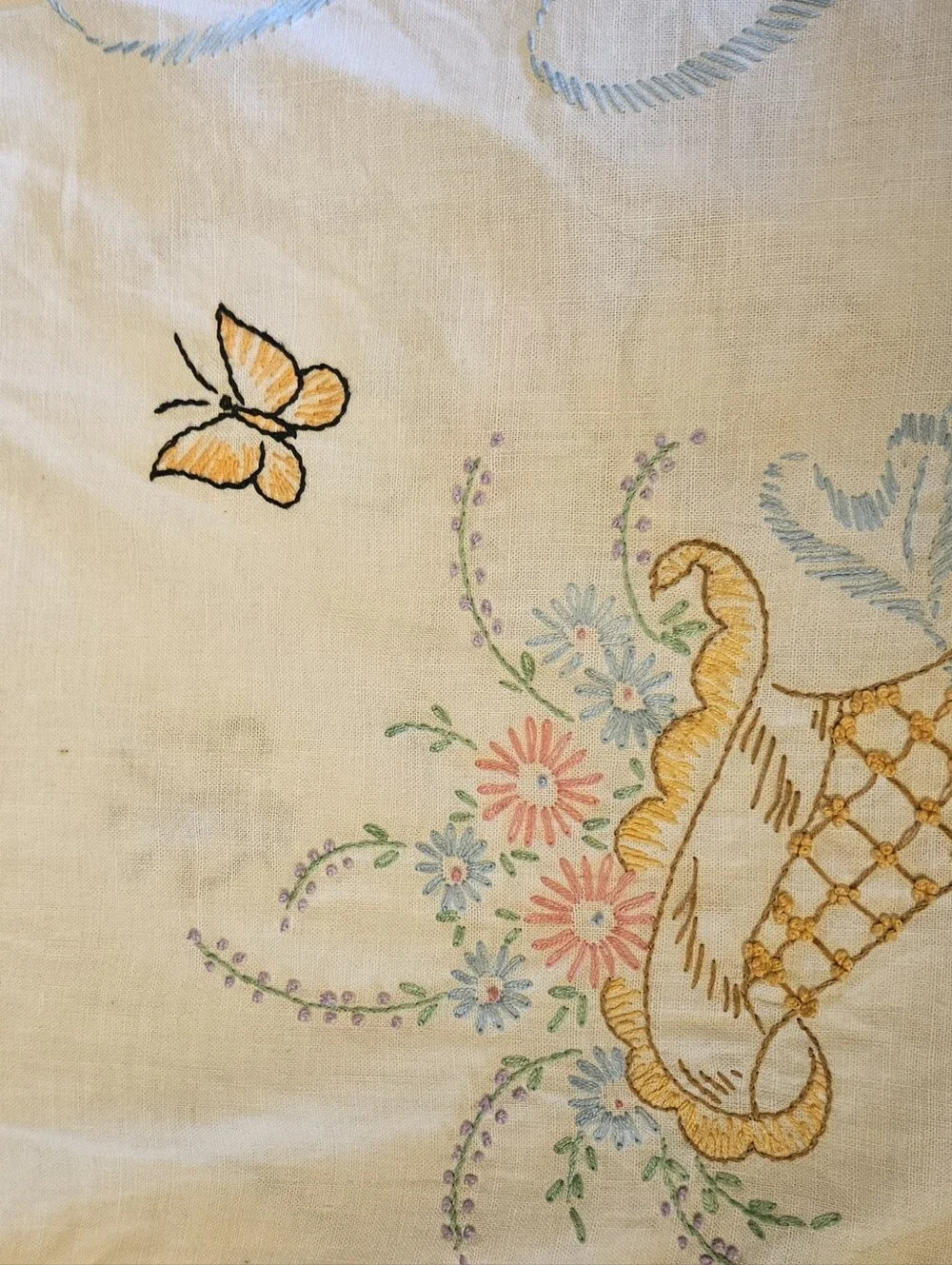 Vintage Embroidered Table Runner Cornucopia Butterflies Floral Blue Crochet Edge
